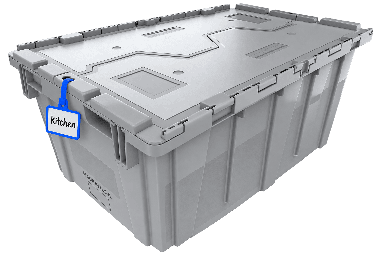 A stackable moving bin with a blue write-on tag reading Kitchen tied to the lid
